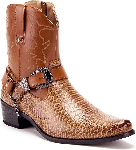 Men's Western Ankle High Cowboy Riding Dress Boots, Snake Print w/Belt 7.5 M US / Brown Snake Men's Western Ankle High Cowboy Riding Dress Boots, Snake Print w/Belt 7.5 M US / Brown Snake