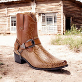 Jazame Men's Cowboy Ankle Boots - Western Style Pointy Toe, Faux Snake Skin, Chain Accent