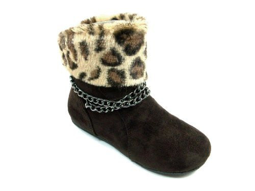 Girls Chain Design Faux Leopard Fur Ankle High Suede Boots - Jazame, Inc.