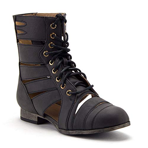 Women's Tosca-124A Tall Calf High Lace Up Cut Out Strappy Military Dress Boots - Jazame, Inc.