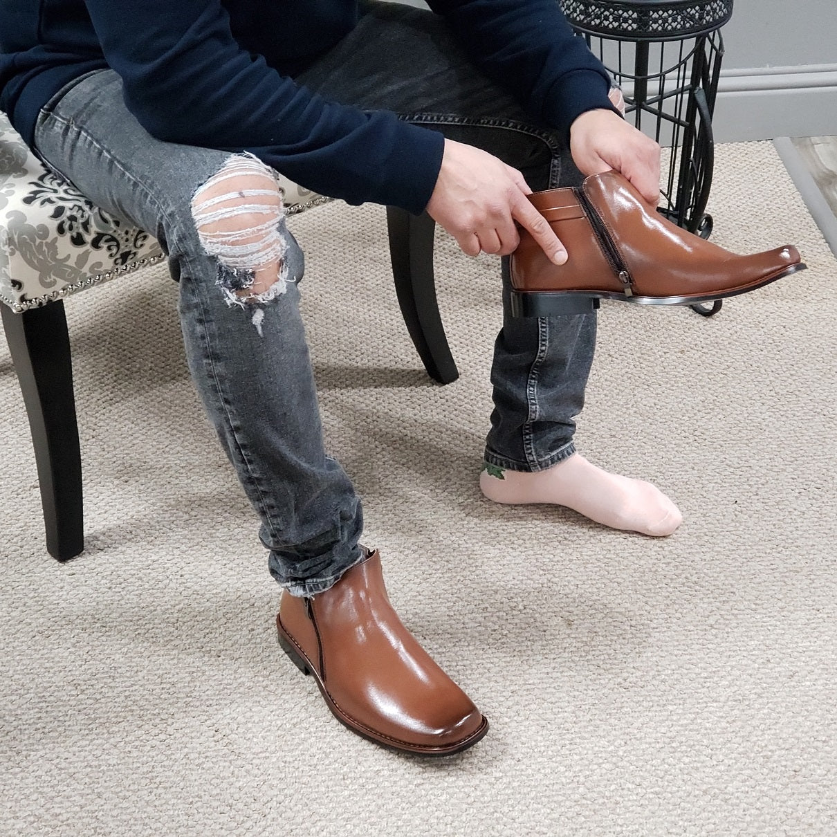 Men's 38307 Double Zipper Classic Square Toe Ankle Dress Boots