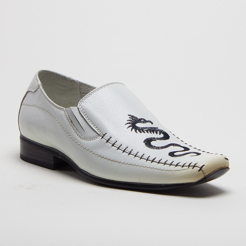 Boys Conal Dragon Stitch Leather Slip On Dress Loafers Shoes K-6977L White Boys Conal Dragon Stitch Leather Slip On Dress Loafers Shoes K-6977L White