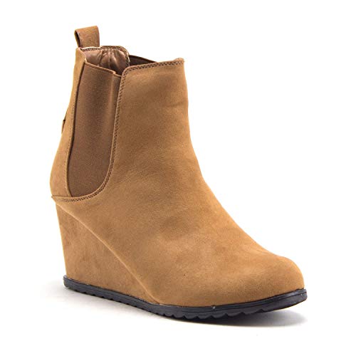 Women's Gina Wedge Heel Pull On Ankle Chelsea Bootie Round Toe Dress Boots 9 / Tan Women's Gina Wedge Heel Pull On Ankle Chelsea Bootie Round Toe Dress Boots 9 / Tan