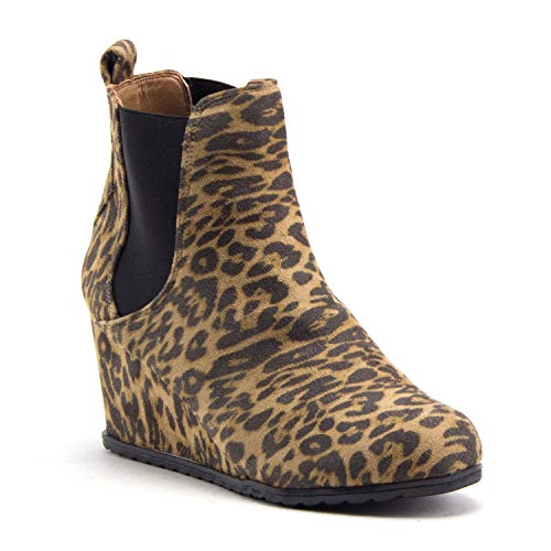 Women's Gina Wedge Heel Pull On Ankle Chelsea Bootie Round Toe Dress Boots 10 / Leopard Women's Gina Wedge Heel Pull On Ankle Chelsea Bootie Round Toe Dress Boots 10 / Leopard